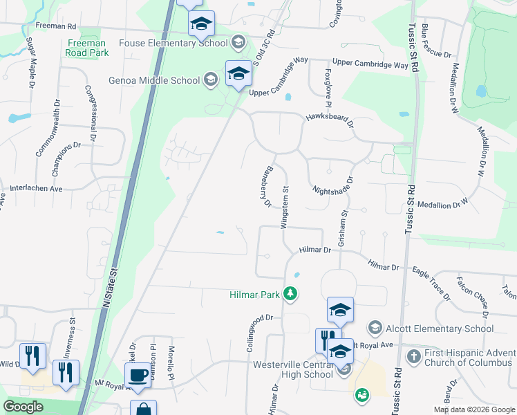 map of restaurants, bars, coffee shops, grocery stores, and more near 6166 Baneberry Dr in Westerville