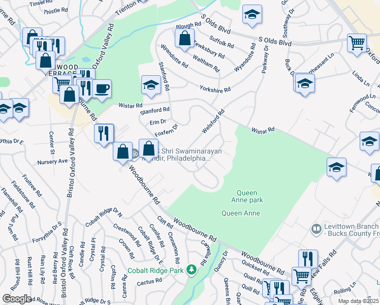 map of restaurants, bars, coffee shops, grocery stores, and more near 425 Welsford Road in Fairless Hills