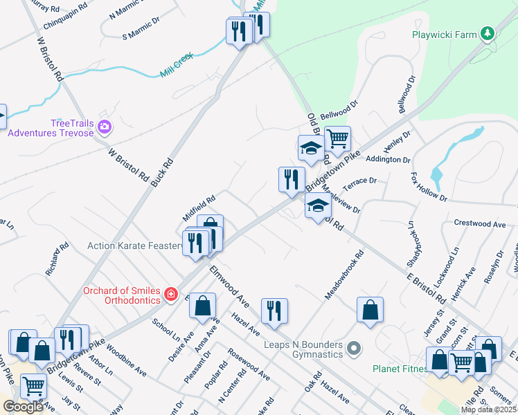 map of restaurants, bars, coffee shops, grocery stores, and more near 9 West Endfield Road in Feasterville-Trevose