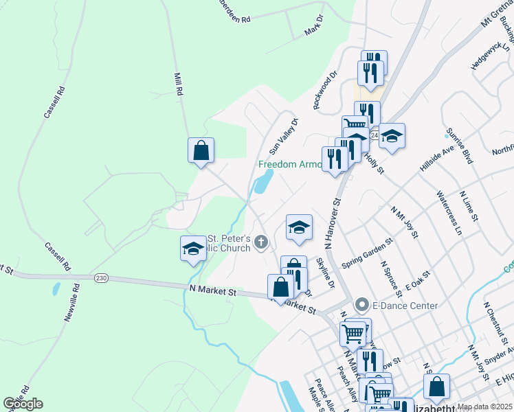 map of restaurants, bars, coffee shops, grocery stores, and more near 1353 Mill Road in Elizabethtown
