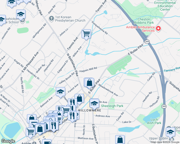 map of restaurants, bars, coffee shops, grocery stores, and more near 1116 Hagues Mill Rd in Ambler