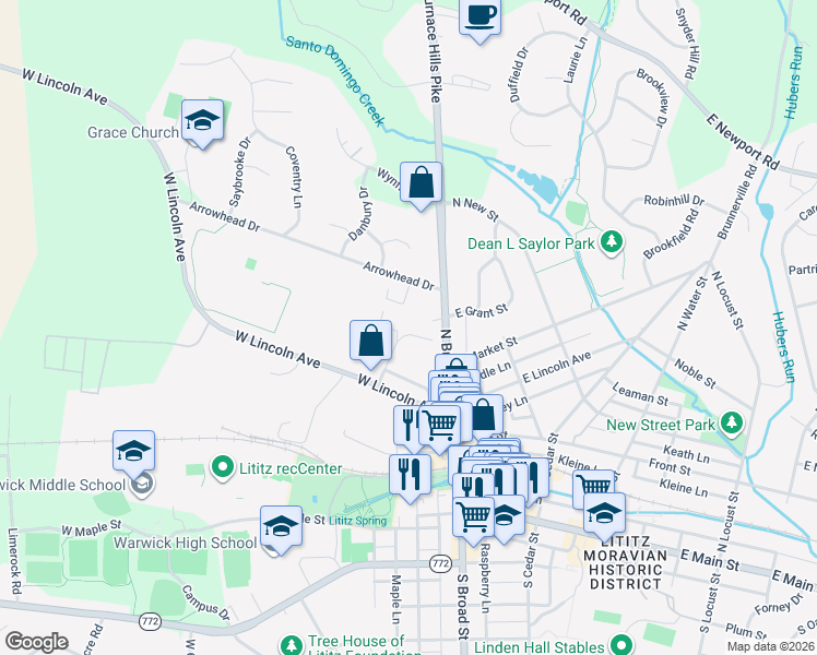 map of restaurants, bars, coffee shops, grocery stores, and more near 4 Amberly Way in Lititz
