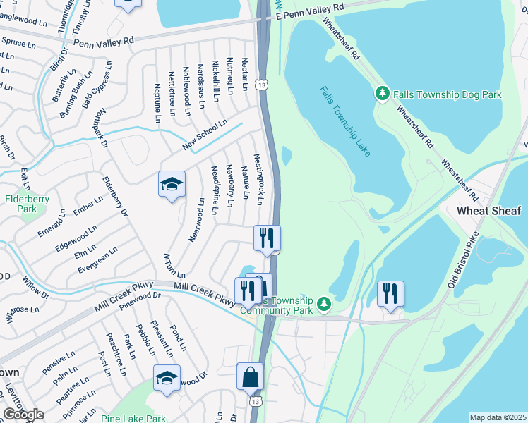 map of restaurants, bars, coffee shops, grocery stores, and more near 12 Nestingrock Lane in Levittown