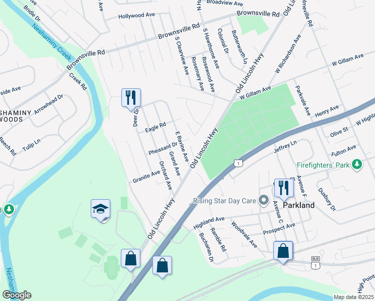 map of restaurants, bars, coffee shops, grocery stores, and more near 527 East Ravine Avenue in Langhorne