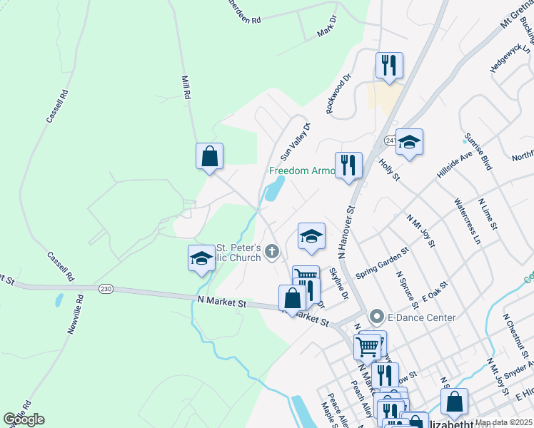 map of restaurants, bars, coffee shops, grocery stores, and more near 1353 Mill Road in Elizabethtown