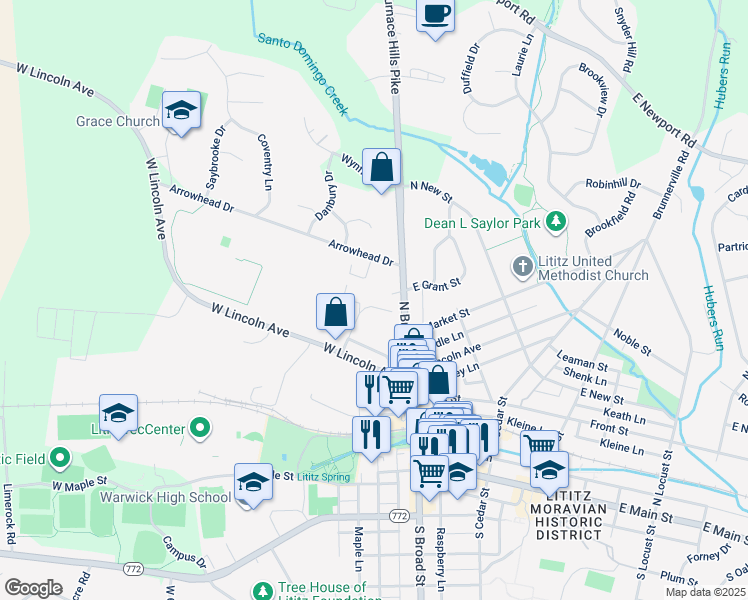 map of restaurants, bars, coffee shops, grocery stores, and more near 10 Amberly Way in Lititz
