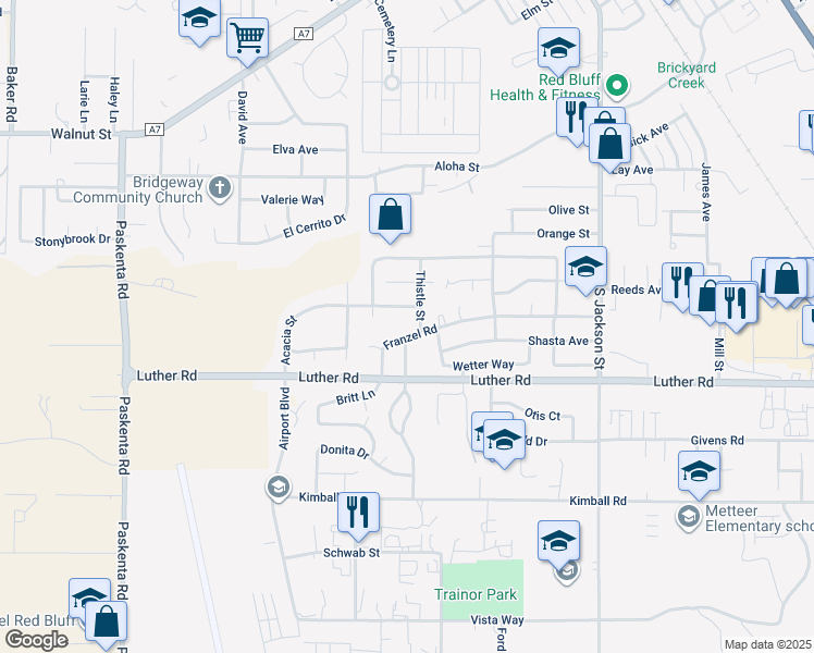 map of restaurants, bars, coffee shops, grocery stores, and more near 1330 Franzel Rd in Red Bluff