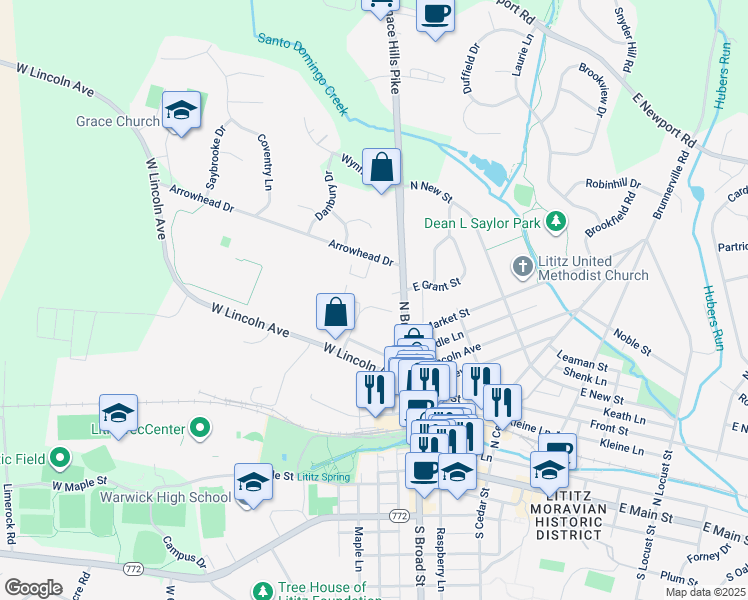 map of restaurants, bars, coffee shops, grocery stores, and more near 10 Amberly Way in Lititz