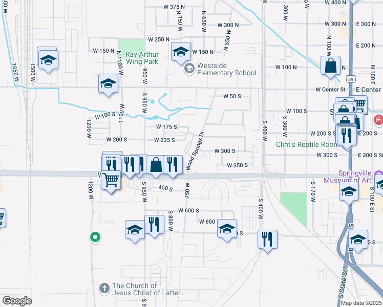 map of restaurants, bars, coffee shops, grocery stores, and more near 358 South 550 West in Springville