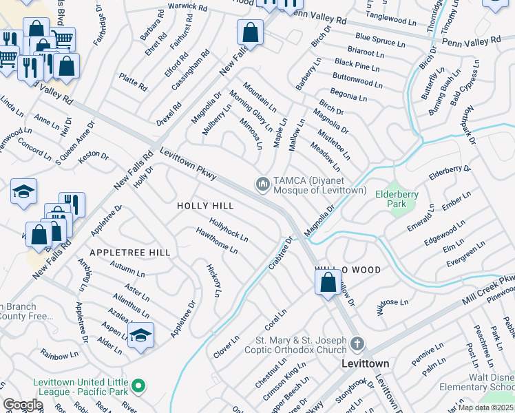 map of restaurants, bars, coffee shops, grocery stores, and more near 306 Holly Drive in Levittown
