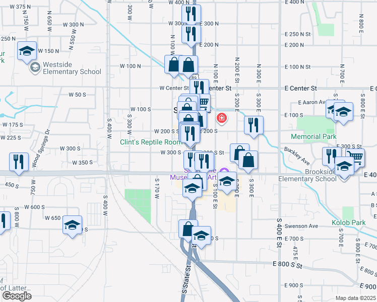 map of restaurants, bars, coffee shops, grocery stores, and more near 296 South Main Street in Springville
