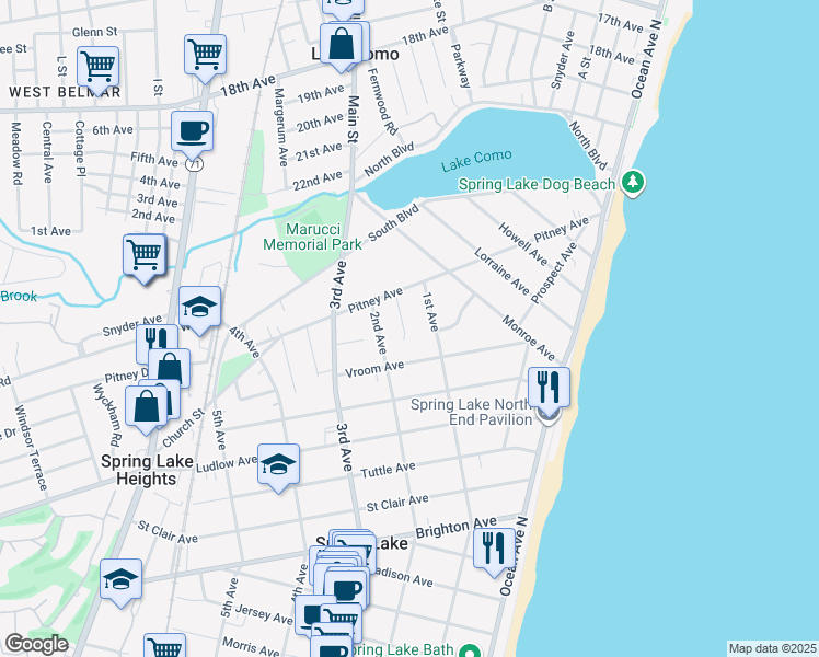 map of restaurants, bars, coffee shops, grocery stores, and more near 11 Red Oak Drive in Spring Lake