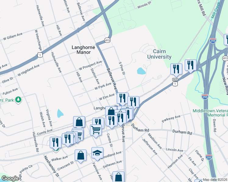 map of restaurants, bars, coffee shops, grocery stores, and more near 906 South Bellevue Avenue in Langhorne