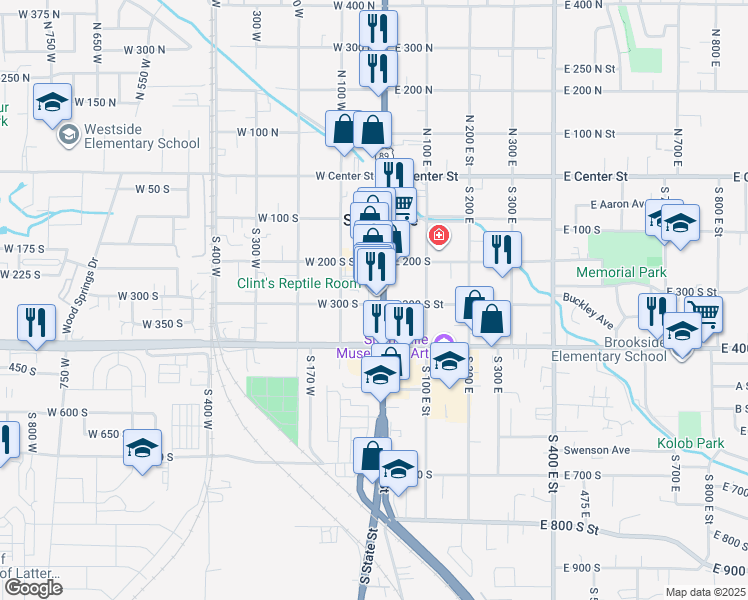 map of restaurants, bars, coffee shops, grocery stores, and more near 296 South Main Street in Springville