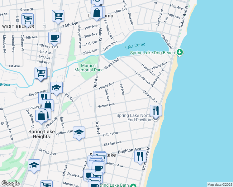 map of restaurants, bars, coffee shops, grocery stores, and more near 11 Red Oak Drive in Spring Lake