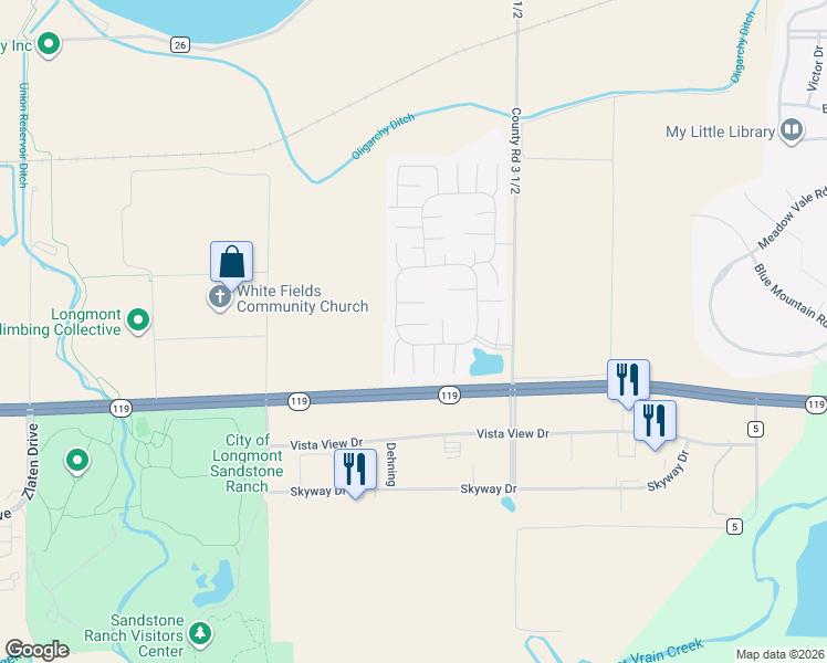 map of restaurants, bars, coffee shops, grocery stores, and more near 11136 Longview Boulevard in Longmont