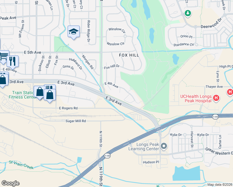 map of restaurants, bars, coffee shops, grocery stores, and more near 315 Glenview Court in Longmont