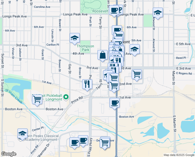 map of restaurants, bars, coffee shops, grocery stores, and more near in Longmont