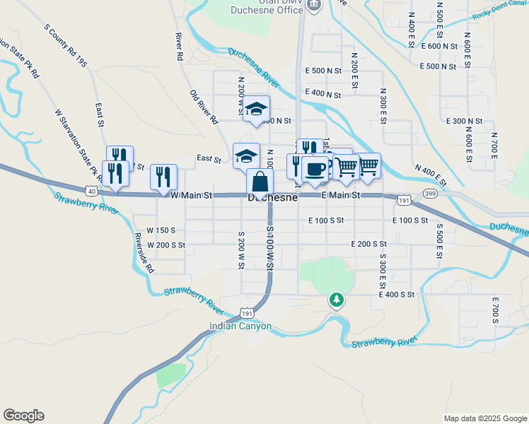 map of restaurants, bars, coffee shops, grocery stores, and more near 72 South 100 West Street in Duchesne