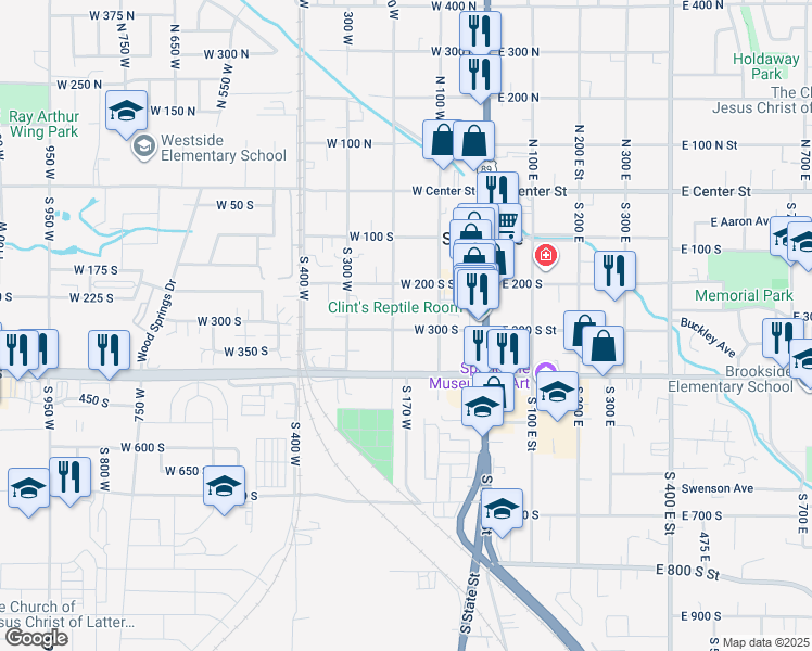 map of restaurants, bars, coffee shops, grocery stores, and more near 162 West 300 South in Springville