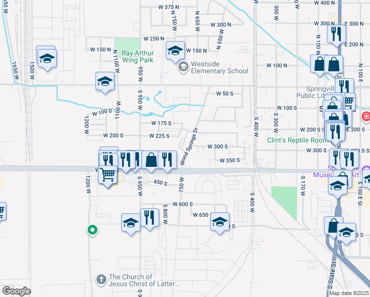 map of restaurants, bars, coffee shops, grocery stores, and more near 358 Wood Springs Drive in Springville