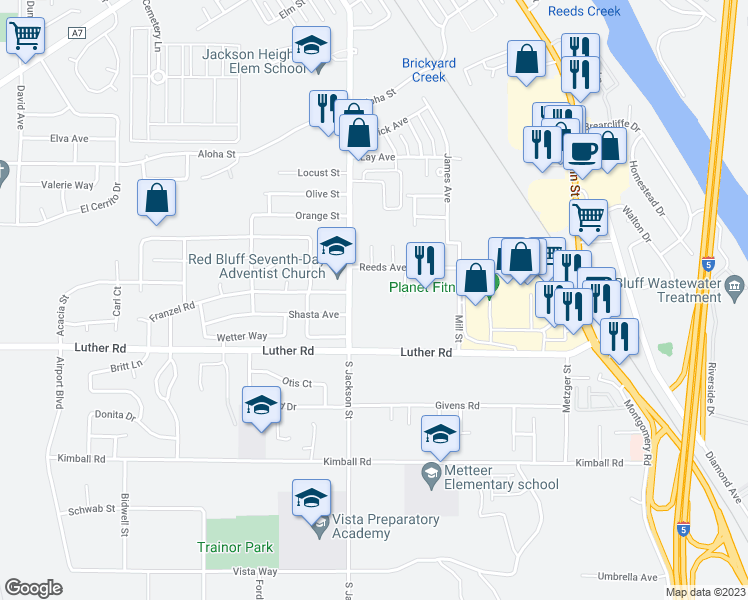 map of restaurants, bars, coffee shops, grocery stores, and more near 735 South Jackson Street in Red Bluff