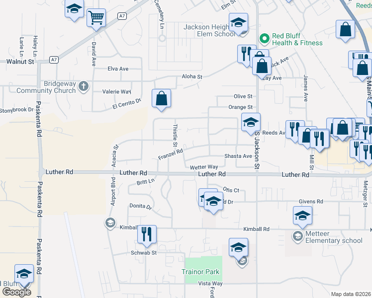map of restaurants, bars, coffee shops, grocery stores, and more near 805 Poplar Drive in Red Bluff