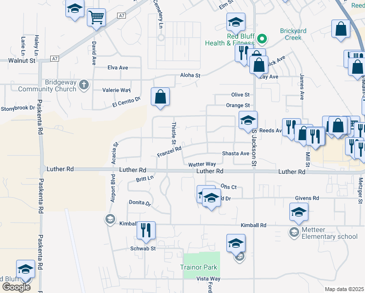map of restaurants, bars, coffee shops, grocery stores, and more near 805 Poplar Drive in Red Bluff