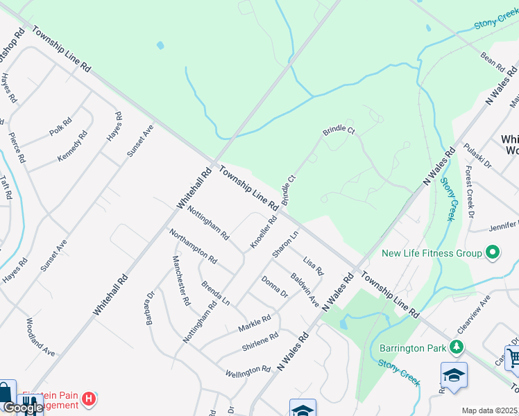 map of restaurants, bars, coffee shops, grocery stores, and more near 613 Township Line Road in East Norriton