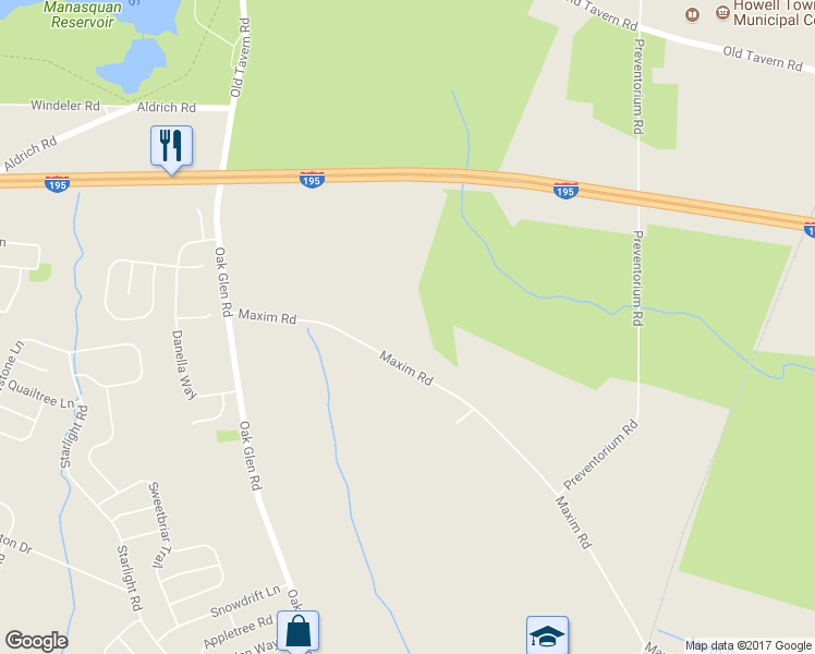 map of restaurants, bars, coffee shops, grocery stores, and more near 75 Maxim Road in Howell Township