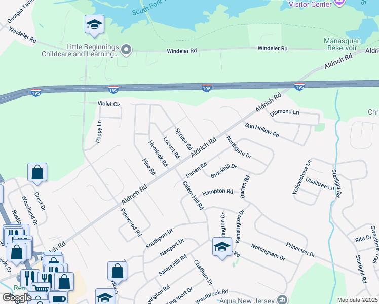 map of restaurants, bars, coffee shops, grocery stores, and more near 1 Spruce Road in Howell