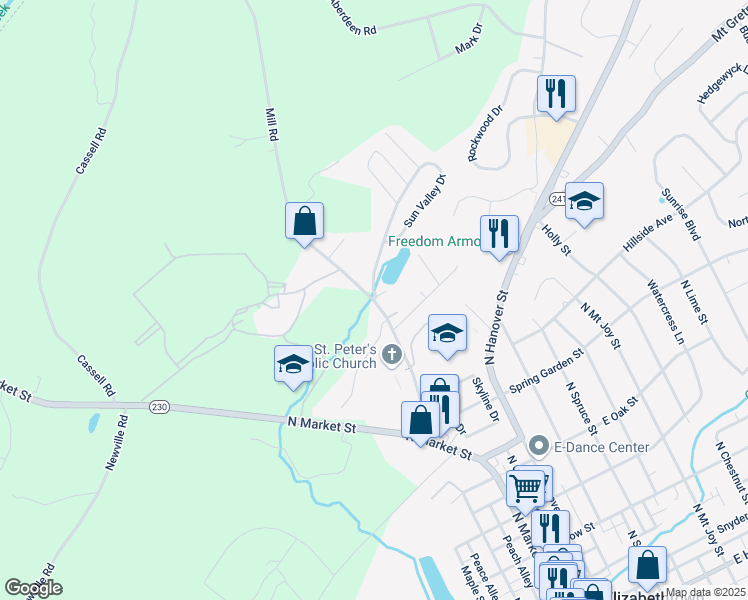 map of restaurants, bars, coffee shops, grocery stores, and more near Mill Road in Elizabethtown