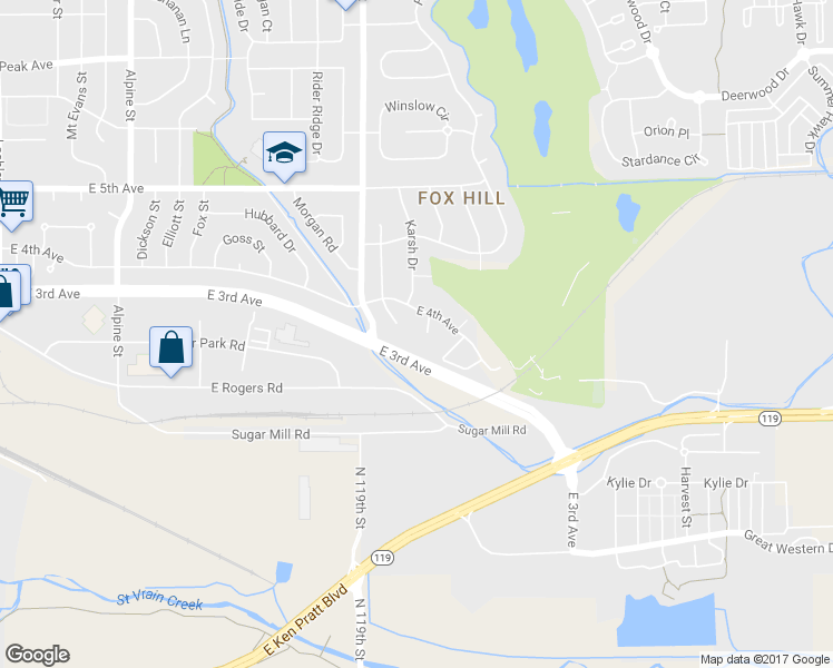 map of restaurants, bars, coffee shops, grocery stores, and more near 315 Glenview Court in Longmont