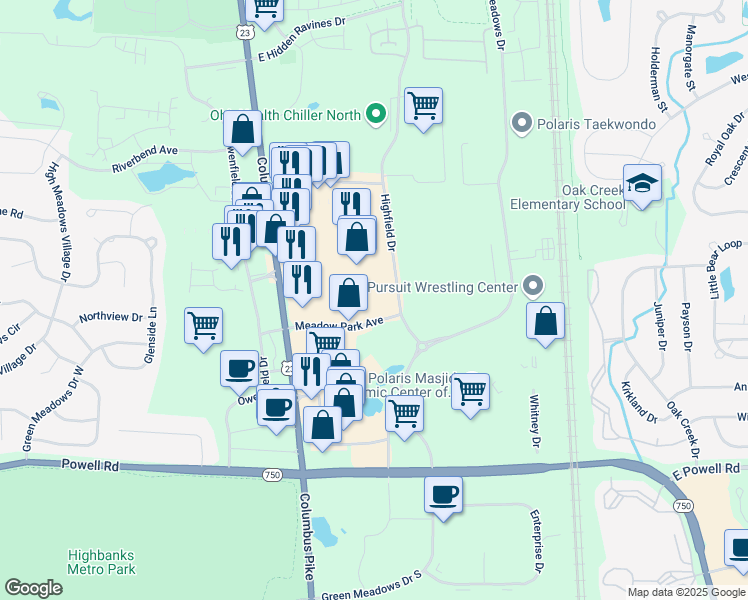 map of restaurants, bars, coffee shops, grocery stores, and more near 120 Meadow Park Avenue in Lewis Center