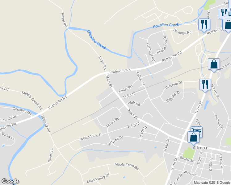 map of restaurants, bars, coffee shops, grocery stores, and more near 30 Main Street in Akron