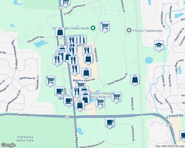 map of restaurants, bars, coffee shops, grocery stores, and more near 120 Meadow Park Avenue in Lewis Center