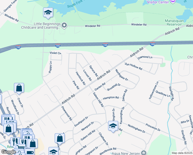 map of restaurants, bars, coffee shops, grocery stores, and more near 1 Spruce Road in Howell