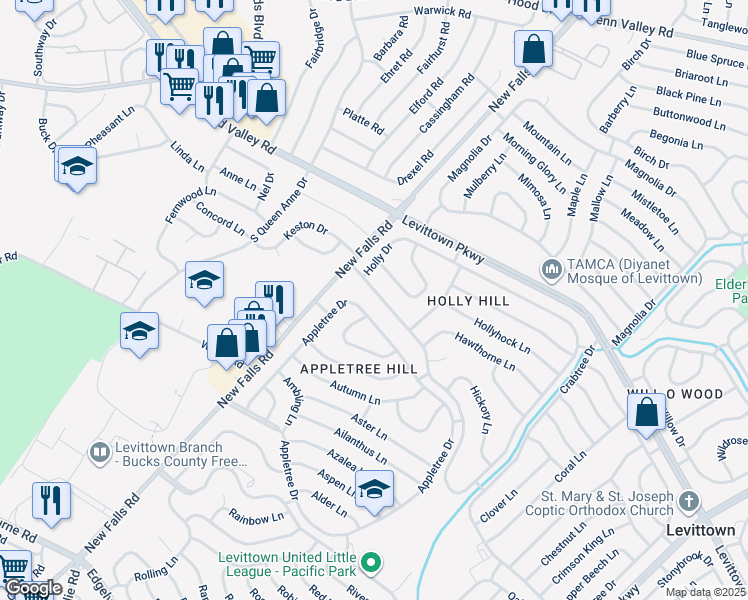 map of restaurants, bars, coffee shops, grocery stores, and more near 18 Holly Drive in Levittown