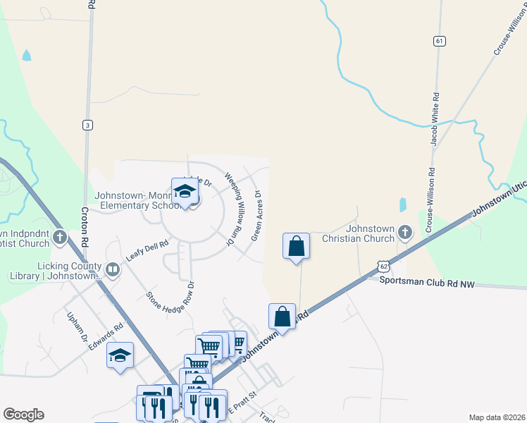 map of restaurants, bars, coffee shops, grocery stores, and more near 312 Green Acres Drive in Johnstown