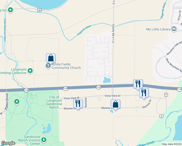 map of restaurants, bars, coffee shops, grocery stores, and more near 11136 Longview Boulevard in Longmont