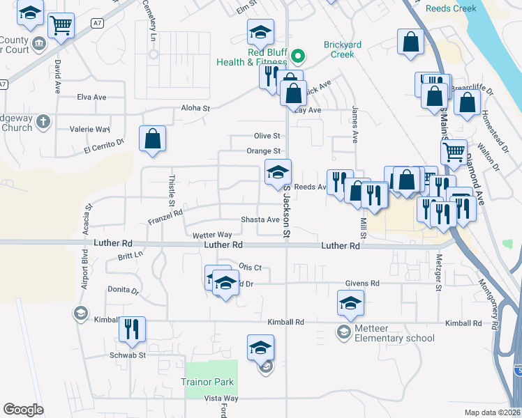 map of restaurants, bars, coffee shops, grocery stores, and more near 805 Cascade Avenue in Red Bluff