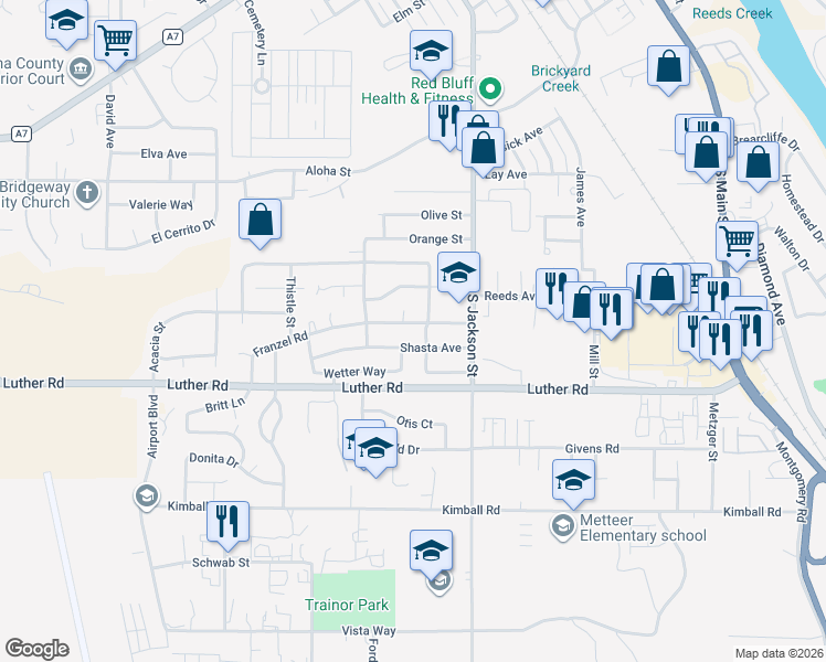 map of restaurants, bars, coffee shops, grocery stores, and more near 805 Cascade Avenue in Red Bluff