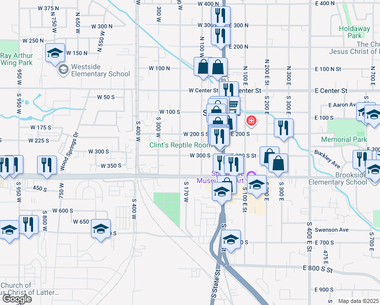map of restaurants, bars, coffee shops, grocery stores, and more near 162 West 300 South in Springville