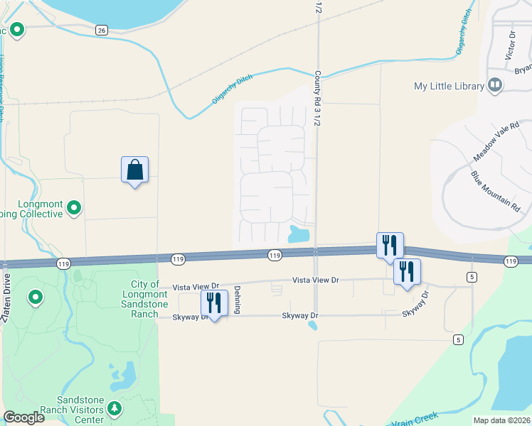 map of restaurants, bars, coffee shops, grocery stores, and more near 11131 Yosemite in Longmont