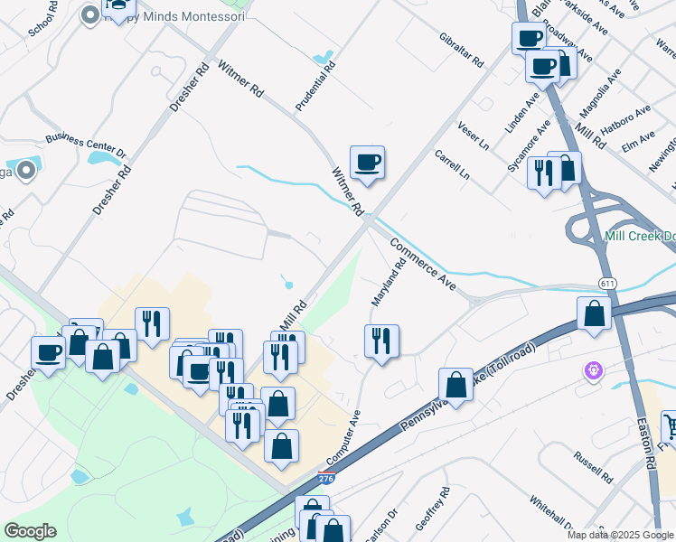 map of restaurants, bars, coffee shops, grocery stores, and more near 2417 Blair Mill Road in Willow Grove