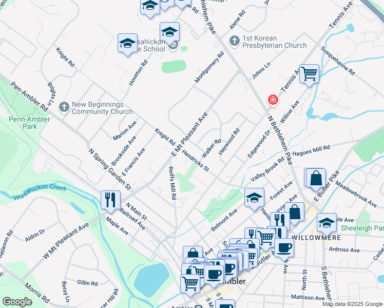 map of restaurants, bars, coffee shops, grocery stores, and more near 227 Hendricks Street in Ambler