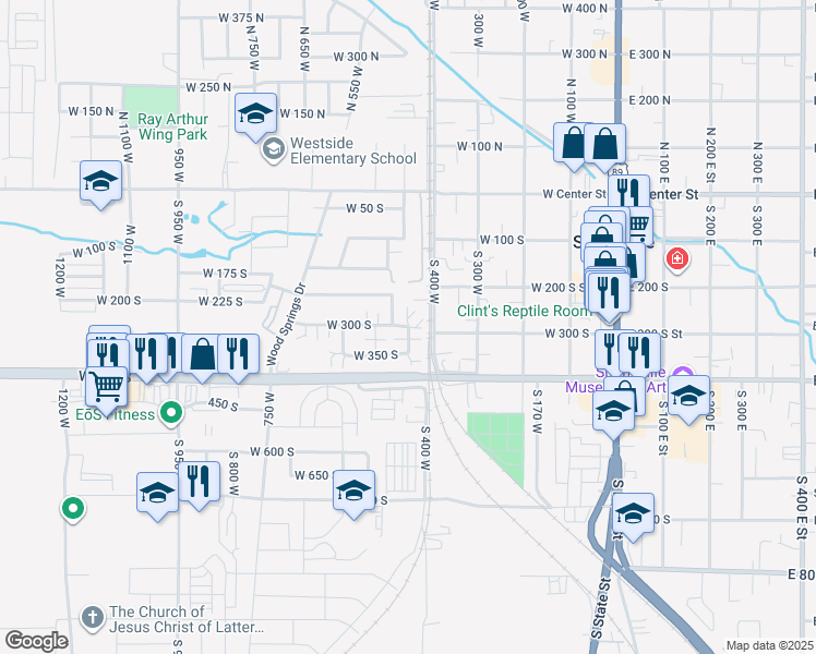 map of restaurants, bars, coffee shops, grocery stores, and more near 293 South 450 West in Springville