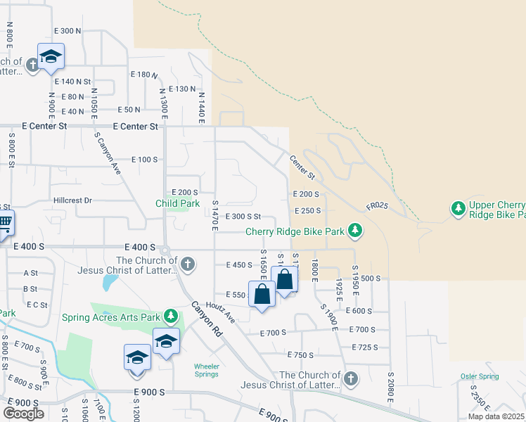 map of restaurants, bars, coffee shops, grocery stores, and more near 1653 East 300 South in Springville