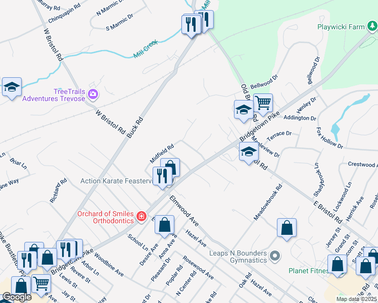 map of restaurants, bars, coffee shops, grocery stores, and more near 34 West Endfield Road in Feasterville-Trevose