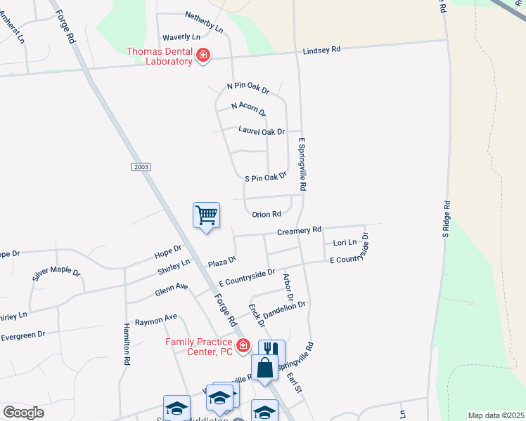map of restaurants, bars, coffee shops, grocery stores, and more near 16 Orion Road in Boiling Springs